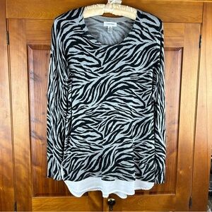 Calvin Klein Zebra Print Scoop Neck Layered Look Long Sleeve Knit Sweater